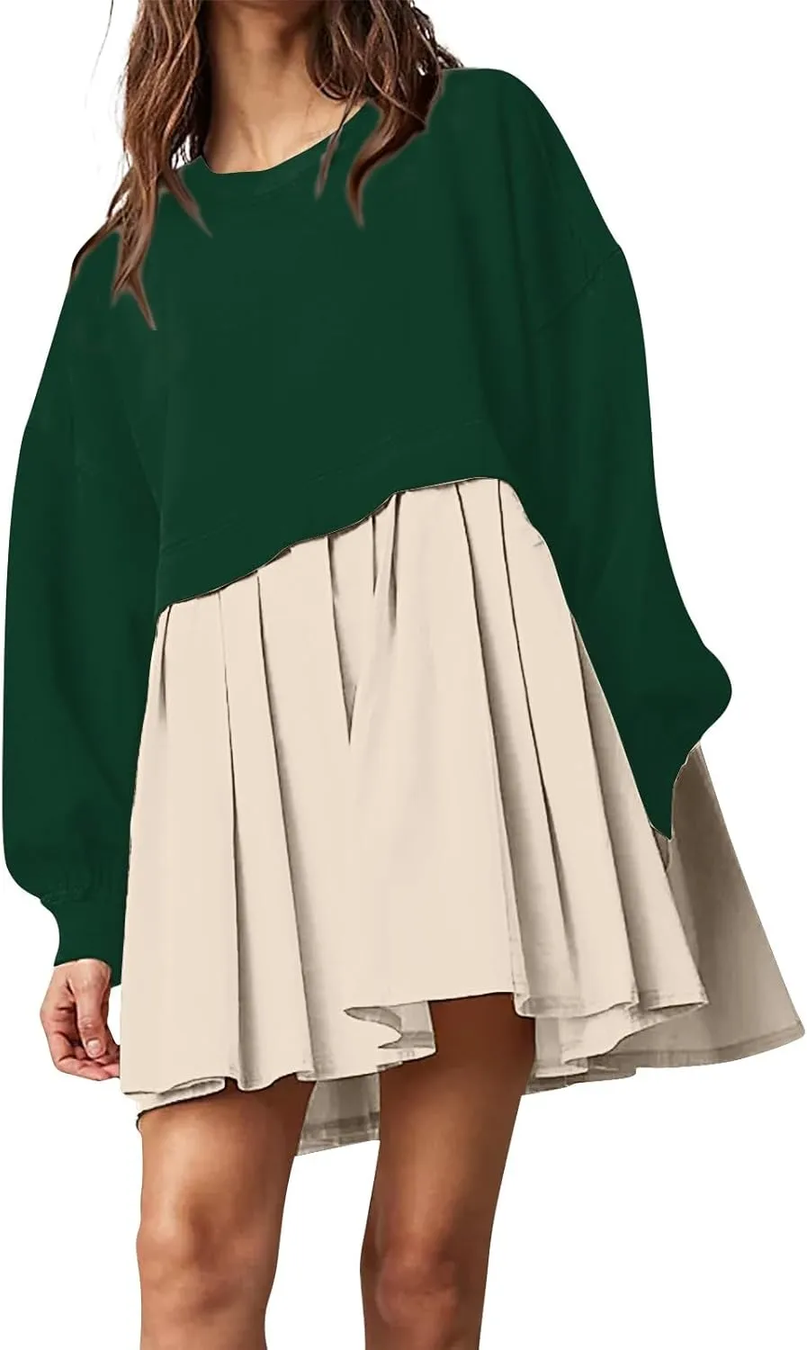 Womens Summer Dresses Oversized Sweatshirt Dress Neck Long Sleeve Patchwork Pullover Tops Sweatshirt Dress