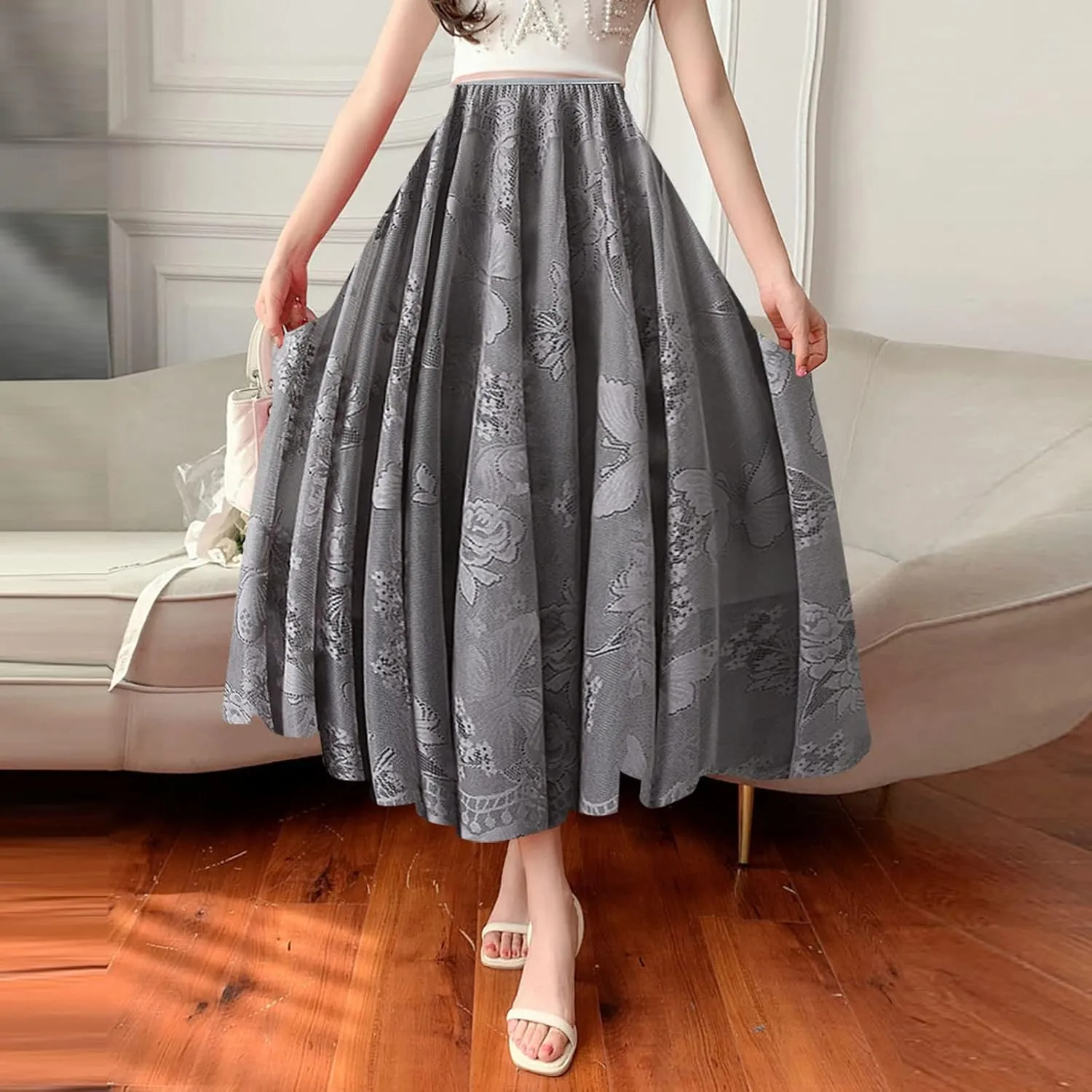 Womens Summer Elastic Waist Pleated A Line Flowy Swing Tiered Long Beach Skirt Dress Long Jean Skirts for Women