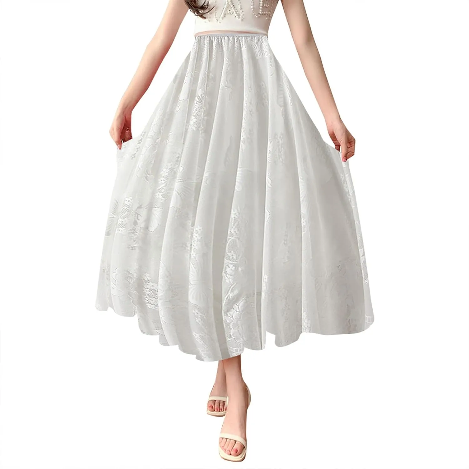 Womens Summer Elastic Waist Pleated A Line Flowy Swing Tiered Long Beach Skirt Dress Long Jean Skirts for Women