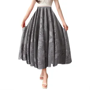 Womens Summer Elastic Waist Pleated A Line Flowy Swing Tiered Long Beach Skirt Dress Long Jean Skirts for Women