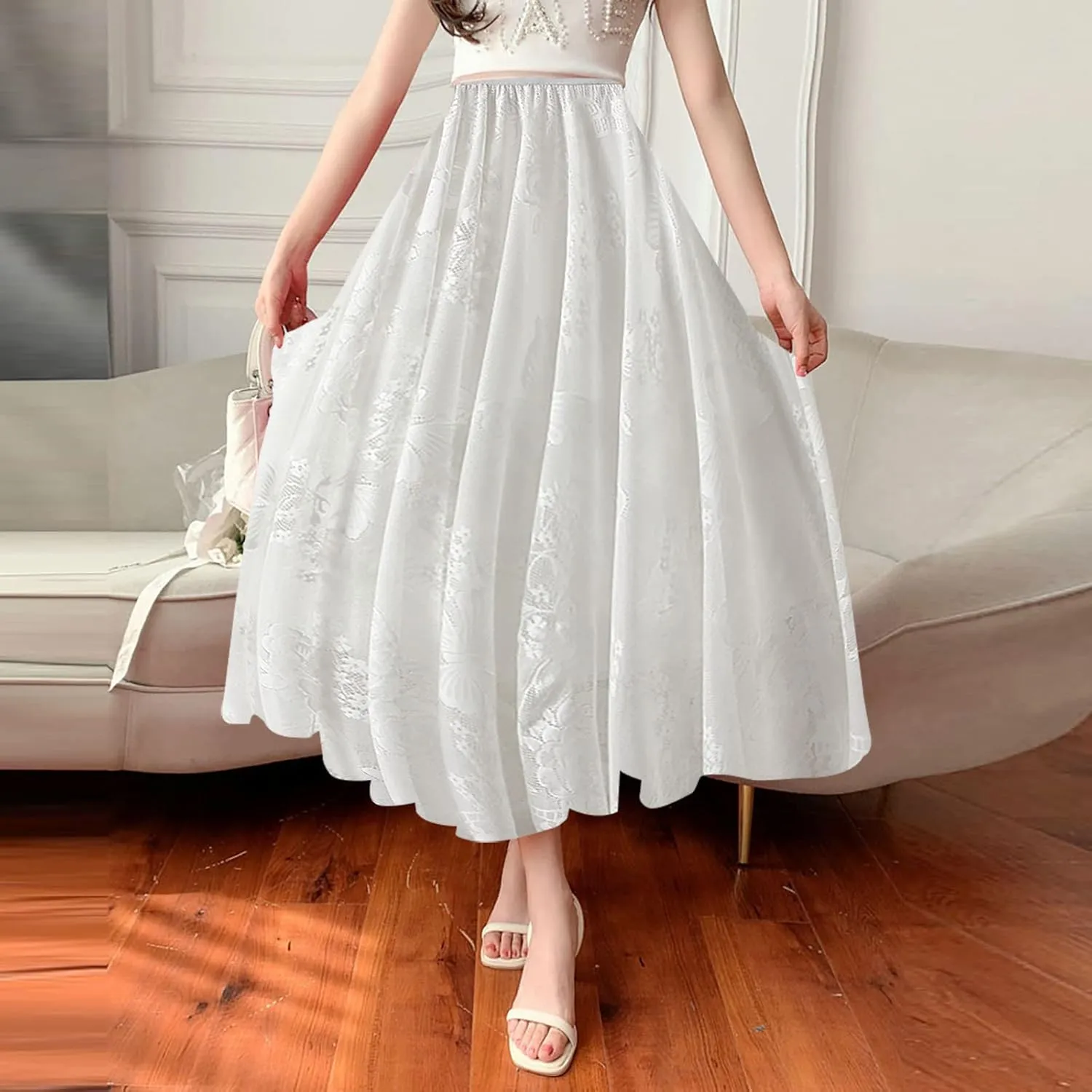Womens Summer Elastic Waist Pleated A Line Flowy Swing Tiered Long Beach Skirt Dress Long Jean Skirts for Women