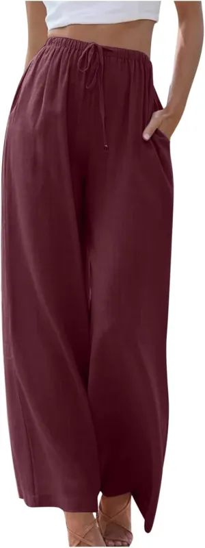 Womens Summer Linen Palazzo Pants Causal Elastic High Waist Flowy Wide Leg Pant Trousers Resort Wear Outfits 2024