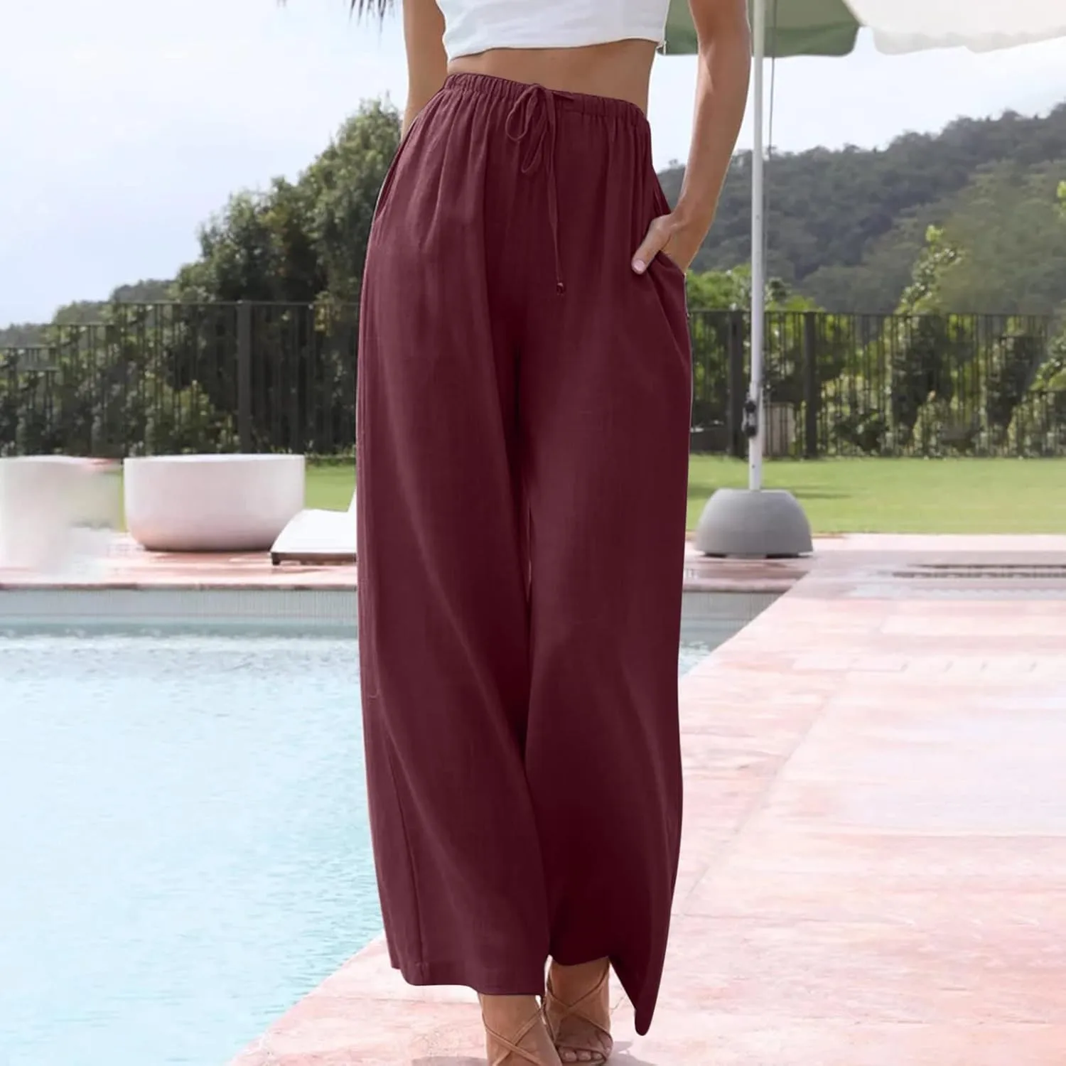 Womens Summer Linen Palazzo Pants Causal Elastic High Waist Flowy Wide Leg Pant Trousers Resort Wear Outfits 2024