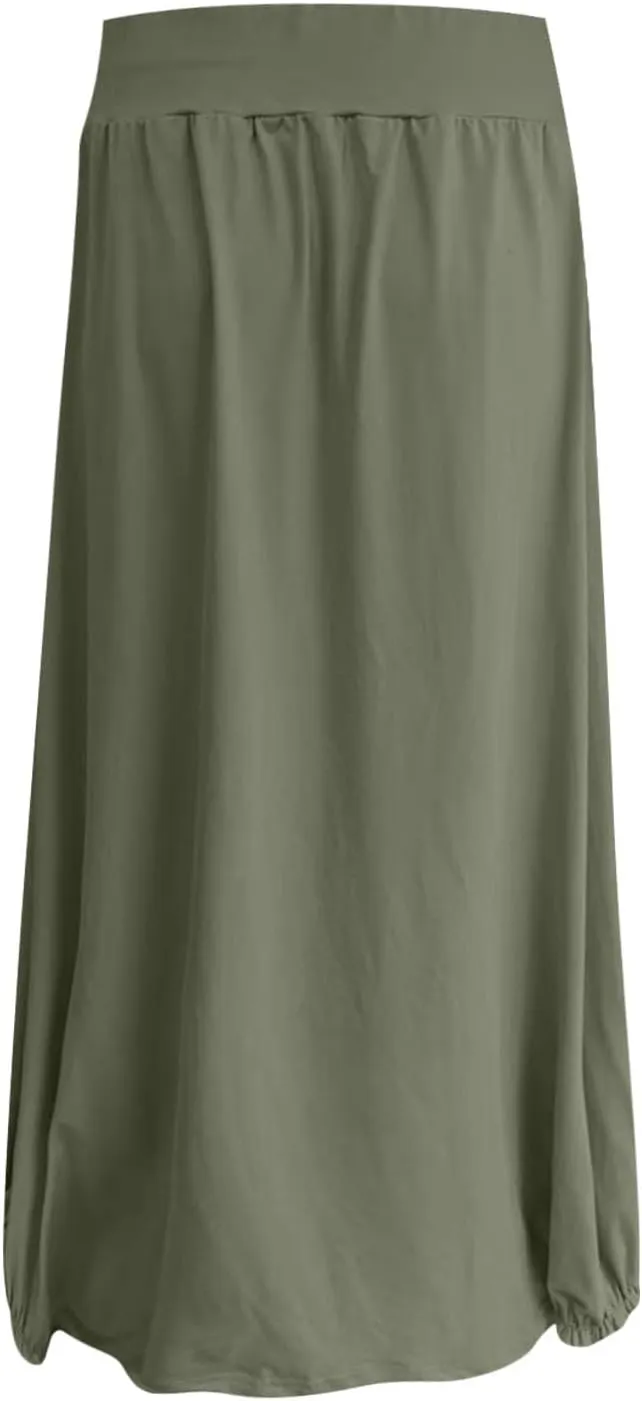 Women's Summer Maxi Skirts 2025 Trendy Solid High Waisted Ankle Length Skirt Casual Flowy Ruffle Hem Balloon Skirts