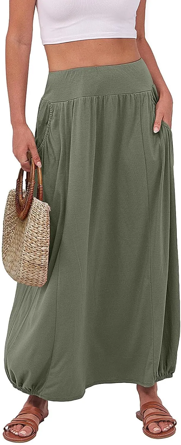 Women's Summer Maxi Skirts 2025 Trendy Solid High Waisted Ankle Length Skirt Casual Flowy Ruffle Hem Balloon Skirts