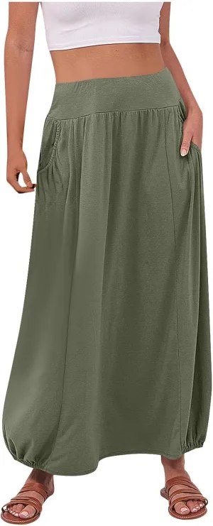 Women's Summer Maxi Skirts 2025 Trendy Solid High Waisted Ankle Length Skirt Casual Flowy Ruffle Hem Balloon Skirts