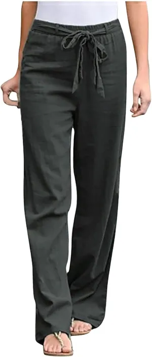 Women's Summer Palazzo Pants - Linen Wide Leg Pants for Women with Pockets Drawstring Casual Vacation Outfits