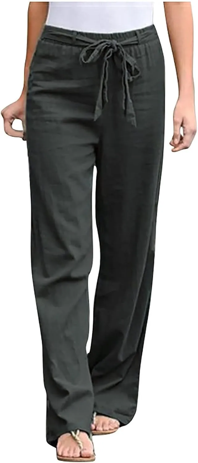 Women's Summer Palazzo Pants - Linen Wide Leg Pants for Women with Pockets Drawstring Casual Vacation Outfits