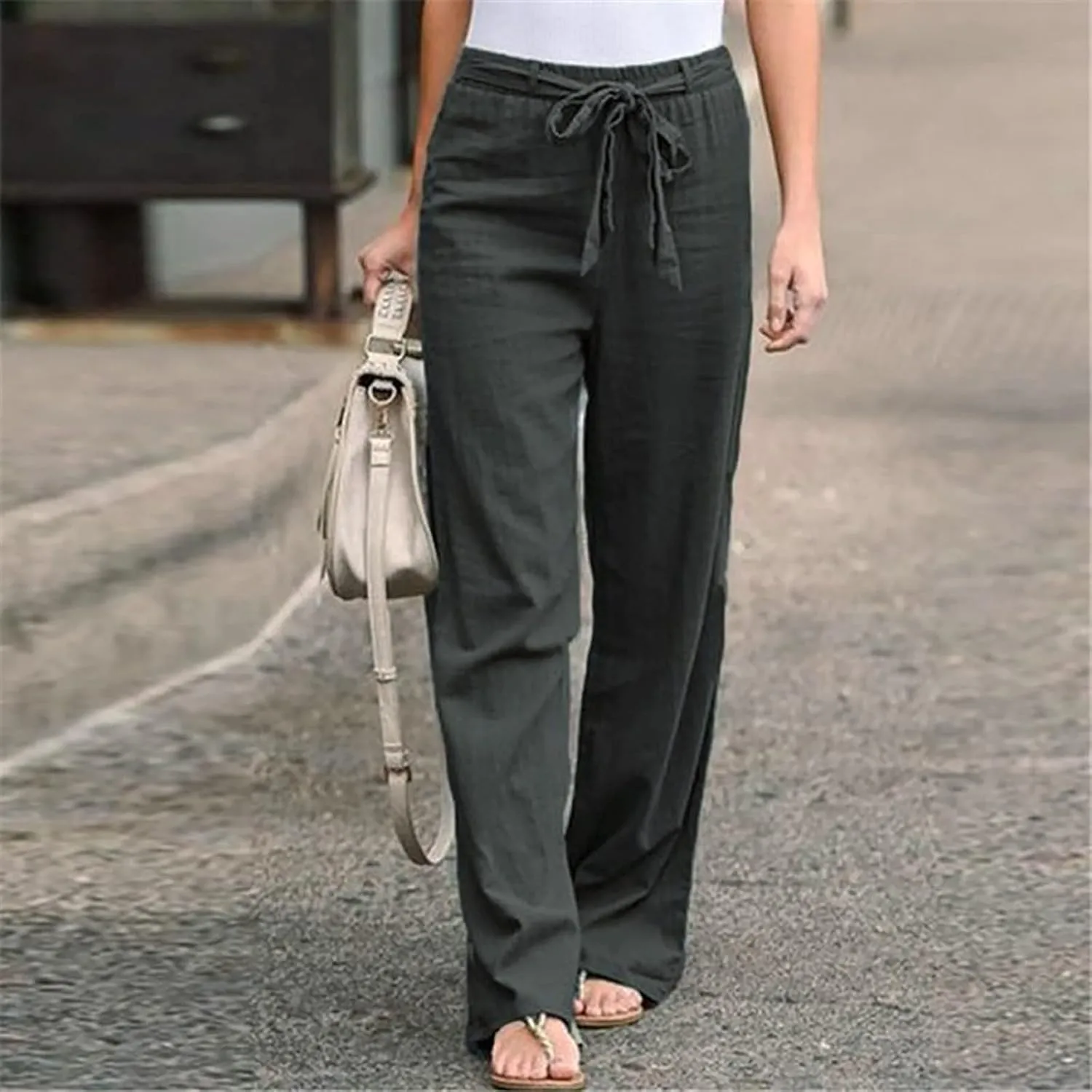 Women's Summer Palazzo Pants - Linen Wide Leg Pants for Women with Pockets Drawstring Casual Vacation Outfits