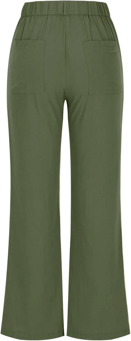 Womens Summer Pants 2024 Cotton Linen High Waisted Wide Leg Pant Beachwear Button-On Loose Casual Trousers
