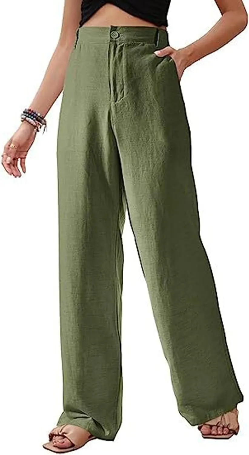 Womens Summer Pants 2024 Cotton Linen High Waisted Wide Leg Pant Beachwear Button-On Loose Casual Trousers