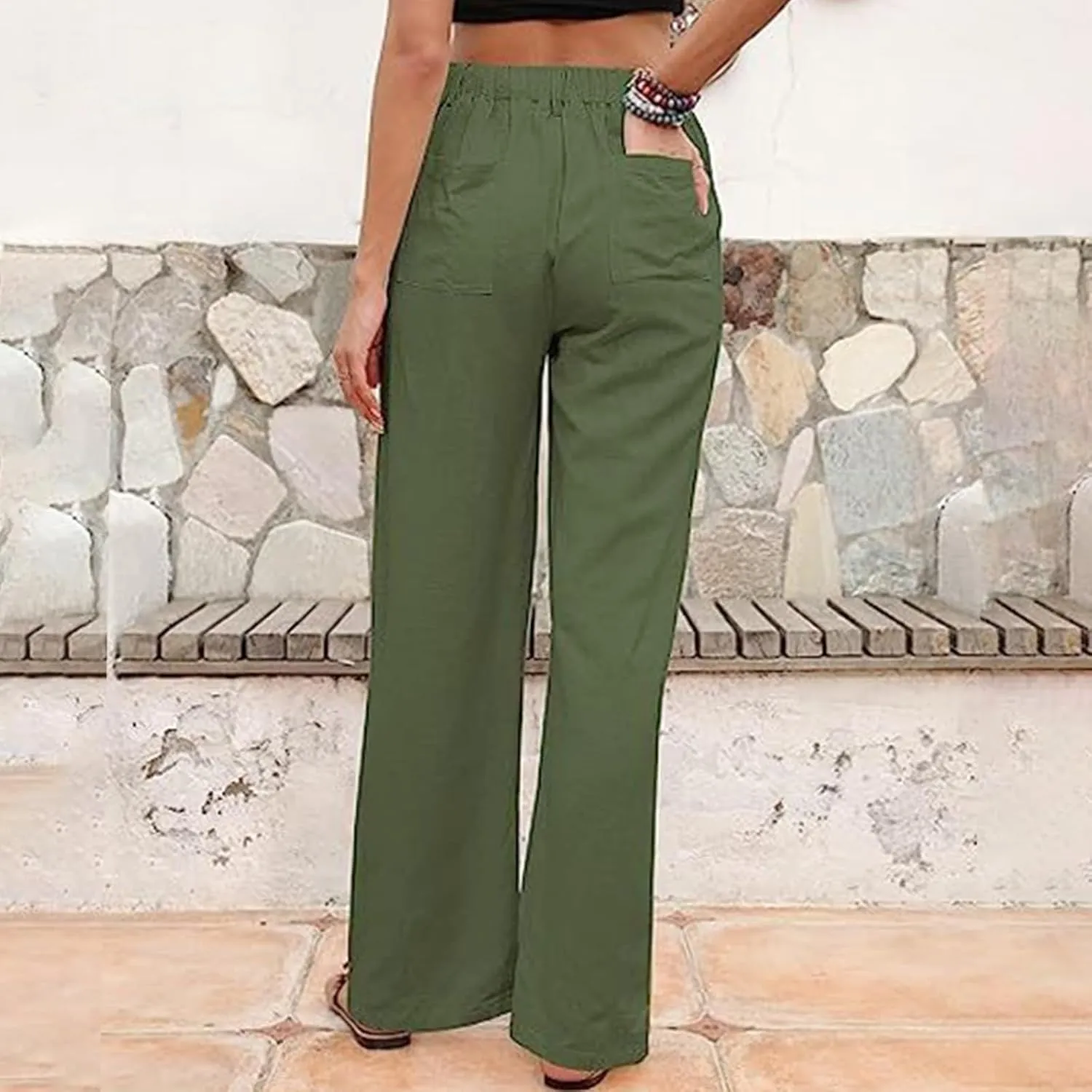 Womens Summer Pants 2024 Cotton Linen High Waisted Wide Leg Pant Beachwear Button-On Loose Casual Trousers