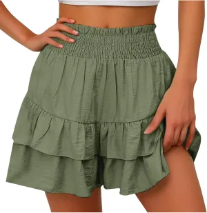 Womens Summer Skorts Flowy Mini Skirts High Waist Ruffle Tiered Skorts Casual Boho Beach Skirts Built-in Shorts