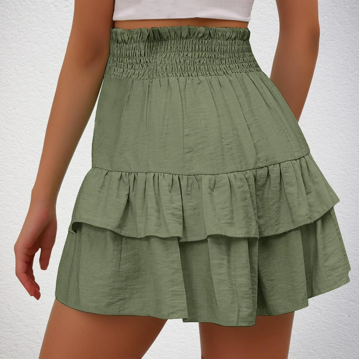 Womens Summer Skorts Flowy Mini Skirts High Waist Ruffle Tiered Skorts Casual Boho Beach Skirts Built-in Shorts