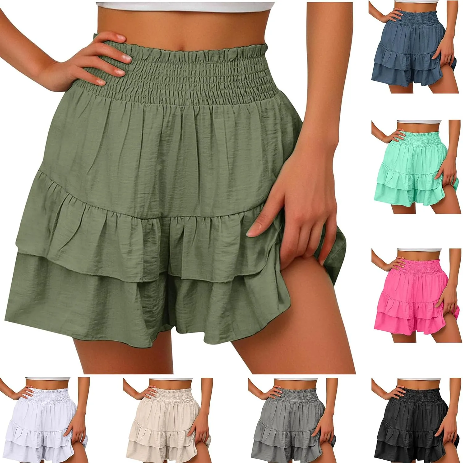 Womens Summer Skorts Flowy Mini Skirts High Waist Ruffle Tiered Skorts Casual Boho Beach Skirts Built-in Shorts