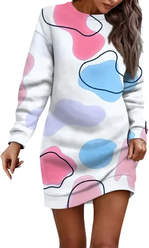 Womens Sweater Dresses 2024 Round Neck Geometric Long Sleeve Hip Wrapped Dress Sweater Dress