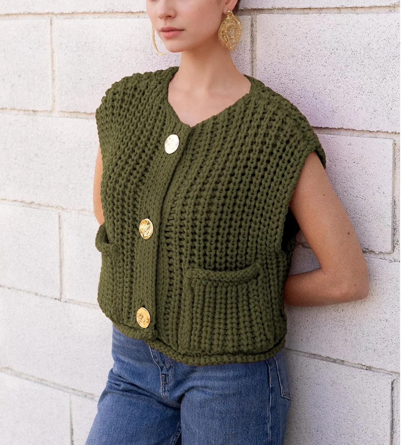 Women's Sweater Vest Knit Top Crop Crochet Chunky Sleeveless With Gold Button XS-XL