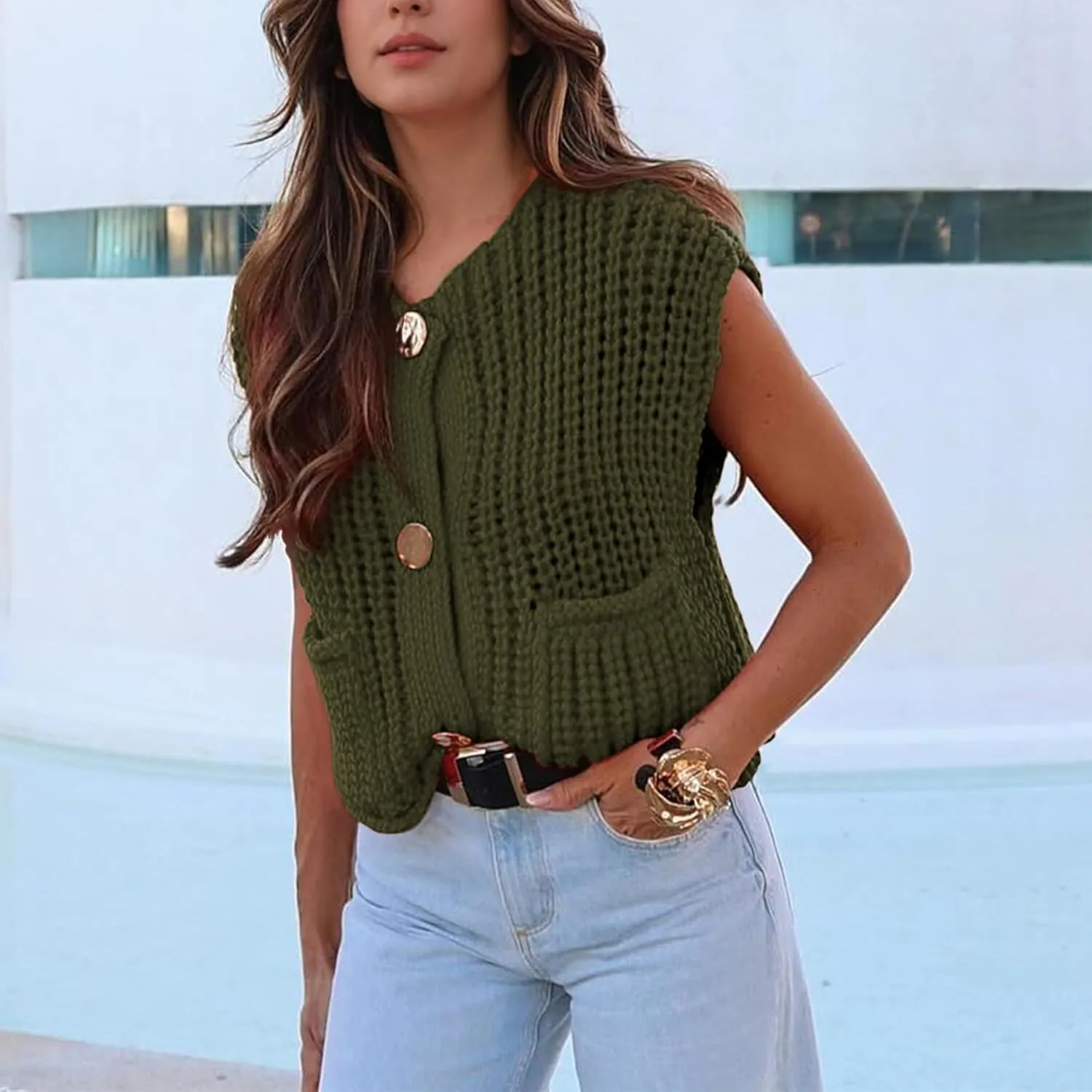 Women's Sweater Vest Knit Top Crop Crochet Chunky Sleeveless With Gold Button XS-XL