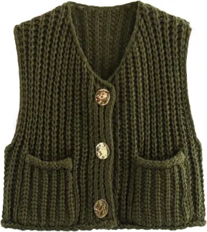 Women's Sweater Vest Knit Top Crop Crochet Chunky Sleeveless With Gold Button XS-XL