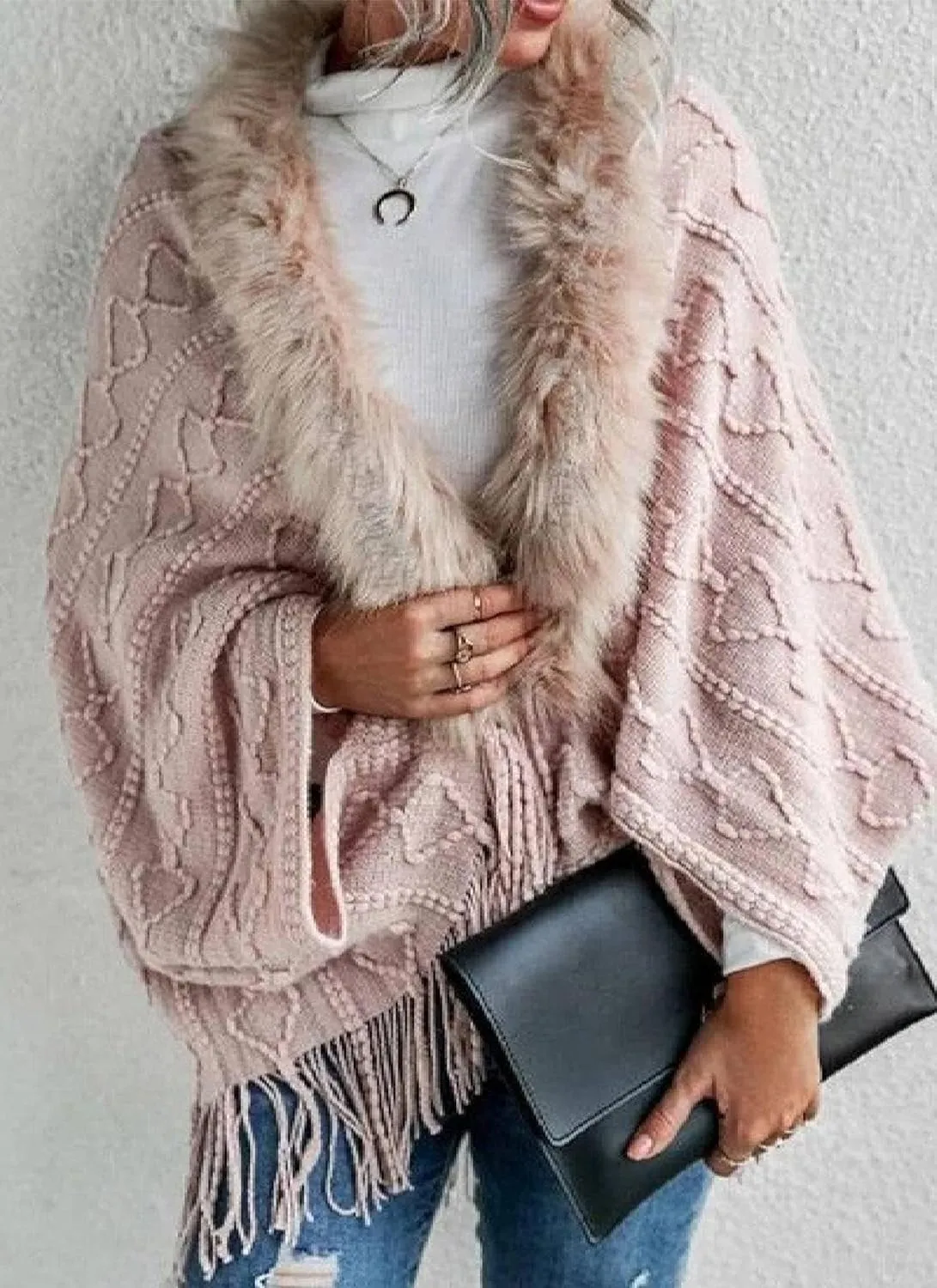Women's Textured Knit Cape Cardigan Fuzzy Trim Fringe Hem Open Front Sweater Baby Pink Plain Long Sleeve Knit Outwear