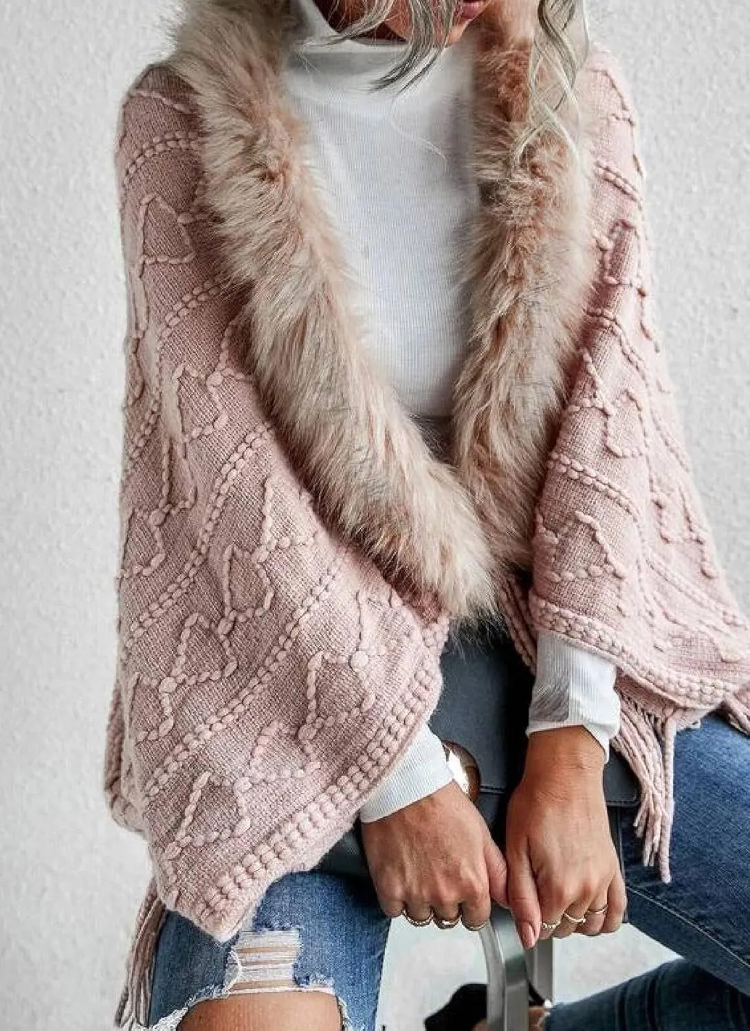 Women's Textured Knit Cape Cardigan Fuzzy Trim Fringe Hem Open Front Sweater Baby Pink Plain Long Sleeve Knit Outwear