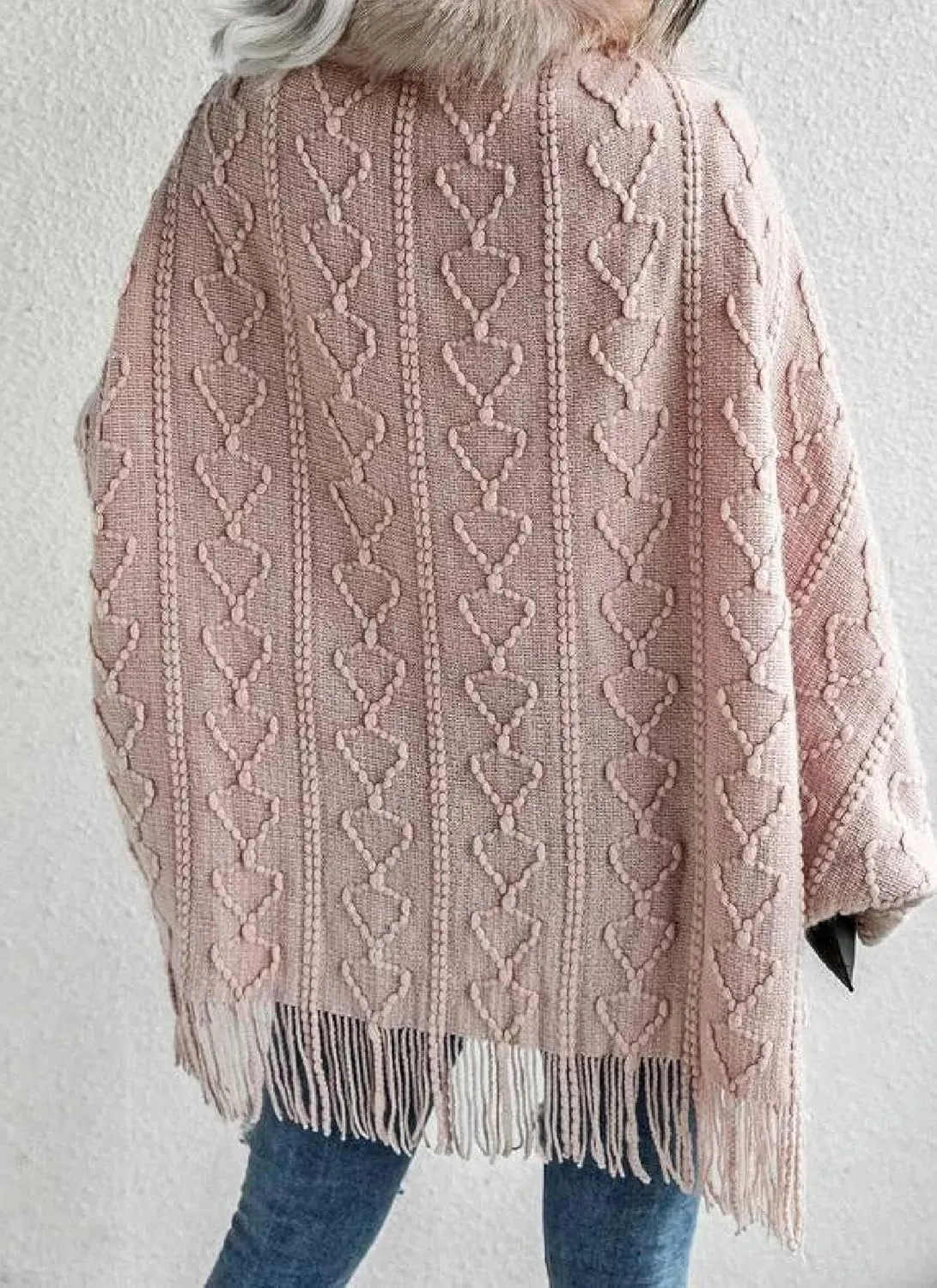 Women's Textured Knit Cape Cardigan Fuzzy Trim Fringe Hem Open Front Sweater Baby Pink Plain Long Sleeve Knit Outwear
