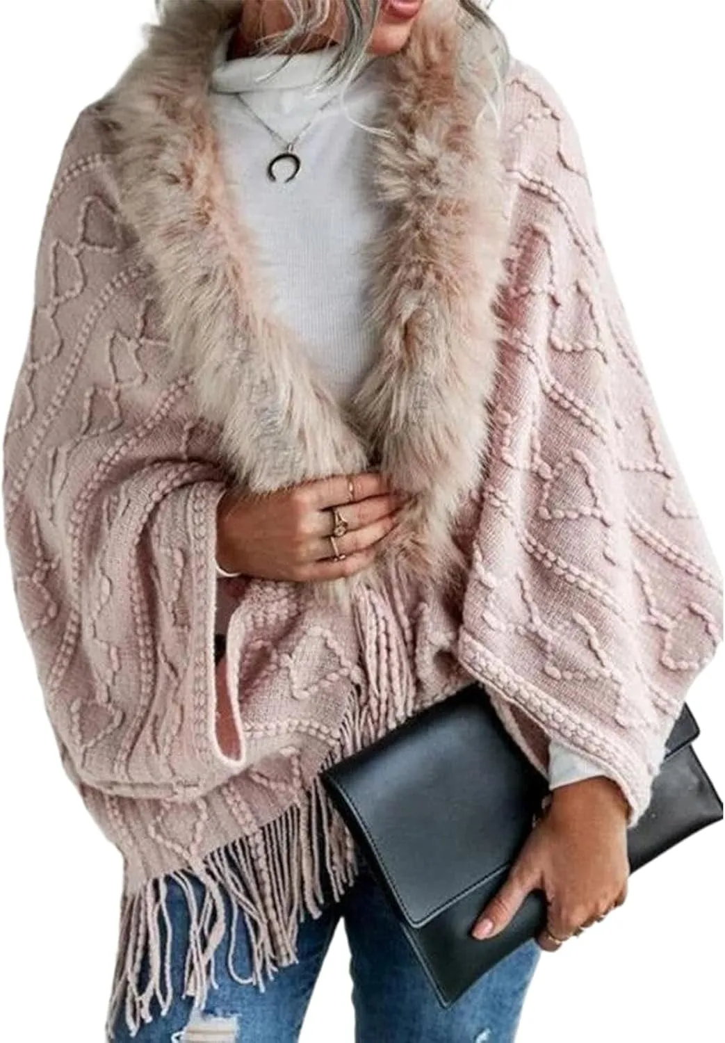 Women's Textured Knit Cape Cardigan Fuzzy Trim Fringe Hem Open Front Sweater Baby Pink Plain Long Sleeve Knit Outwear