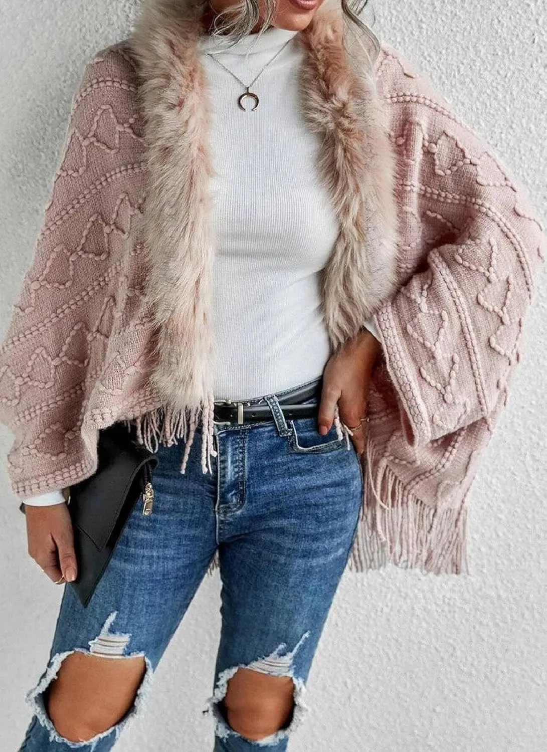 Women's Textured Knit Cape Cardigan Fuzzy Trim Fringe Hem Open Front Sweater Baby Pink Plain Long Sleeve Knit Outwear