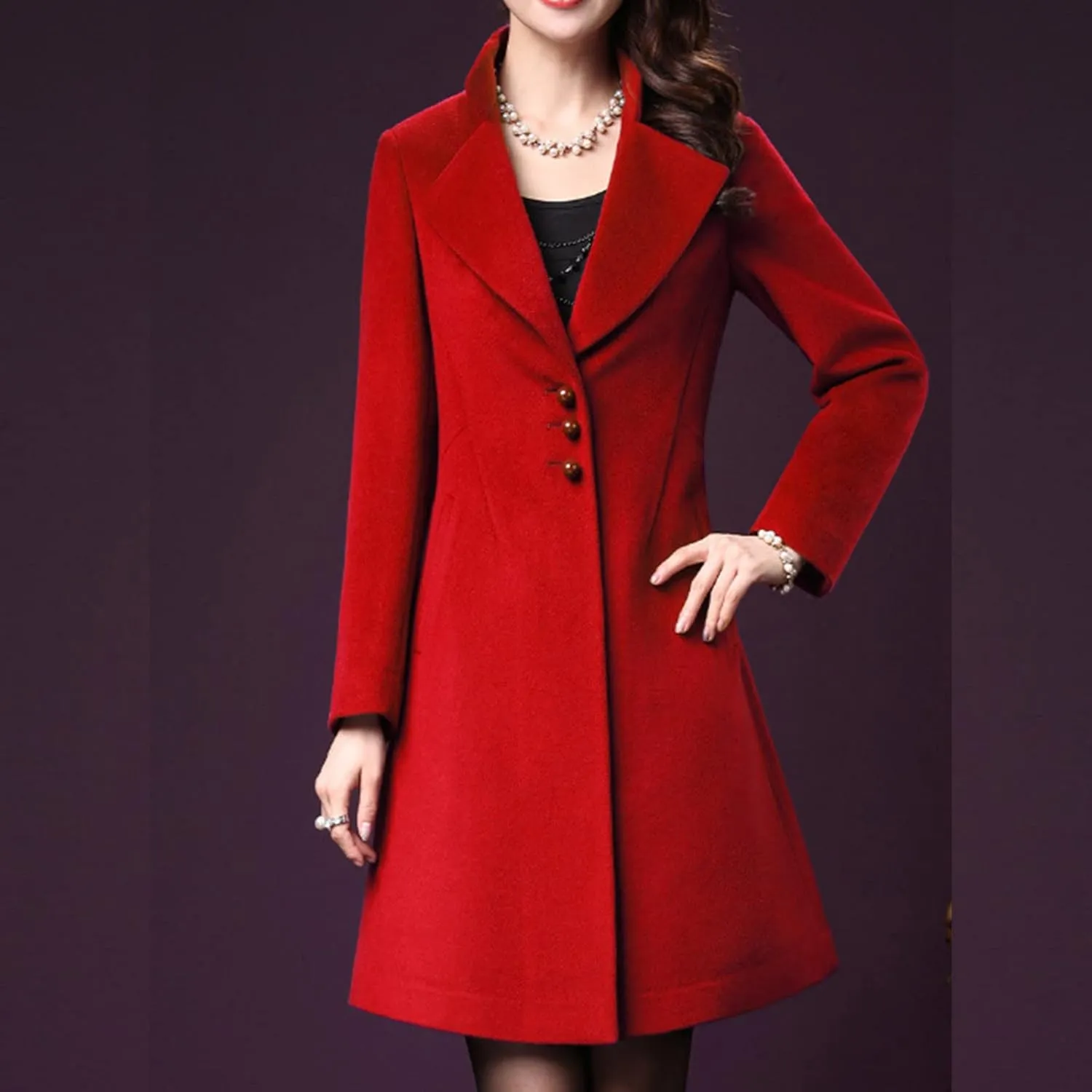 Womens Trench Coat Double Breasted Mid Long Pea Coat Notch Lapel Open Front Wool Blend Overcoat Winter Outwear