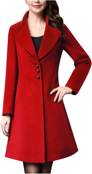 Womens Trench Coat Double Breasted Mid Long Pea Coat Notch Lapel Open Front Wool Blend Overcoat Winter Outwear