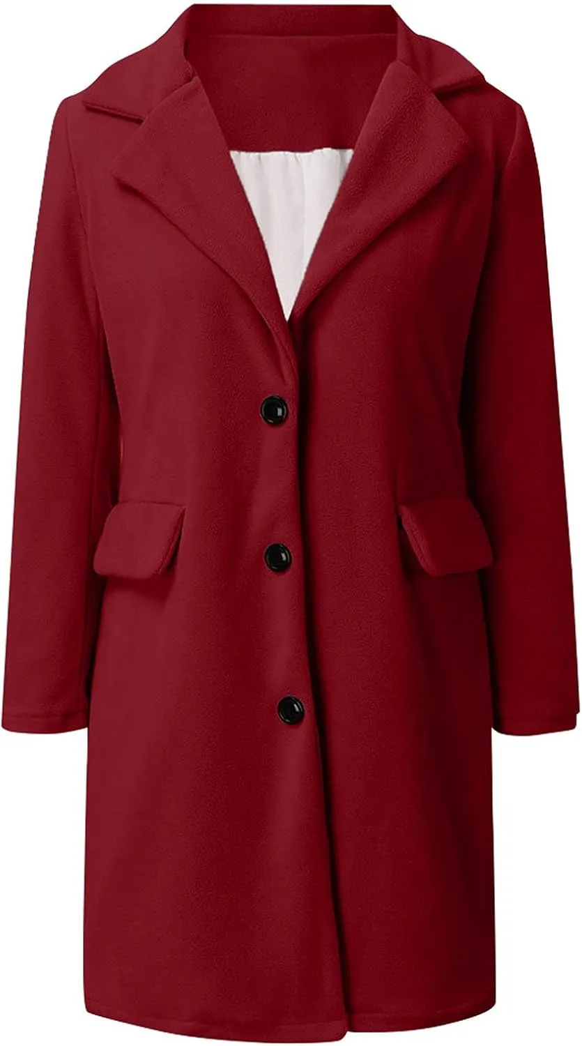 Womens Trench Coat Elegant Notched Collar Single Breasted Peacoat Trendy Casual Long Sleeve Woolen Blend Overcoats