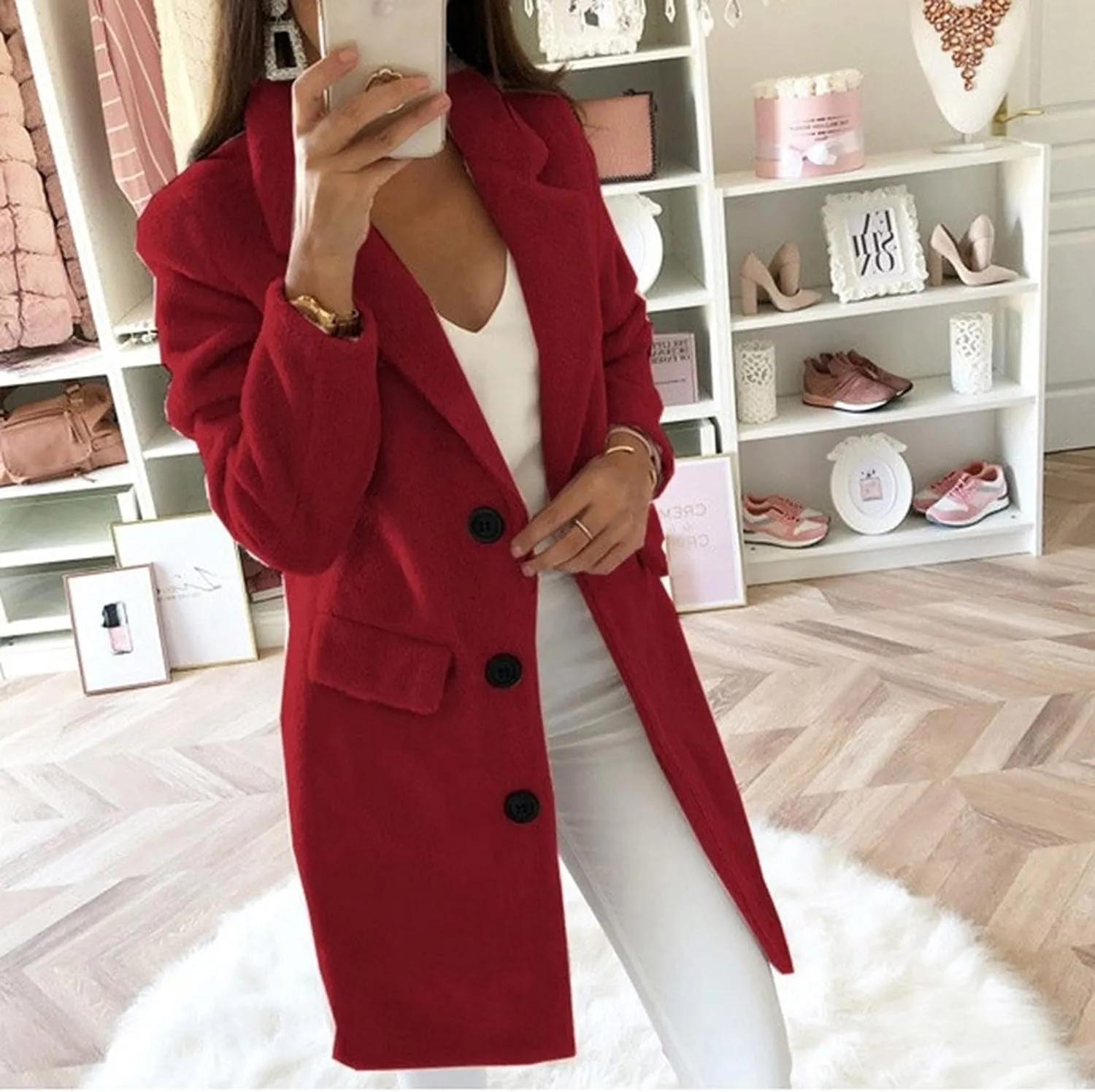 Womens Trench Coat Elegant Notched Collar Single Breasted Peacoat Trendy Casual Long Sleeve Woolen Blend Overcoats