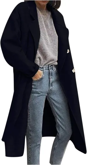 Womens Trench Coat Fall Winter Wool Coats Notch Lapel Double Breasted Oversized Midi Peacoat Trench Coats