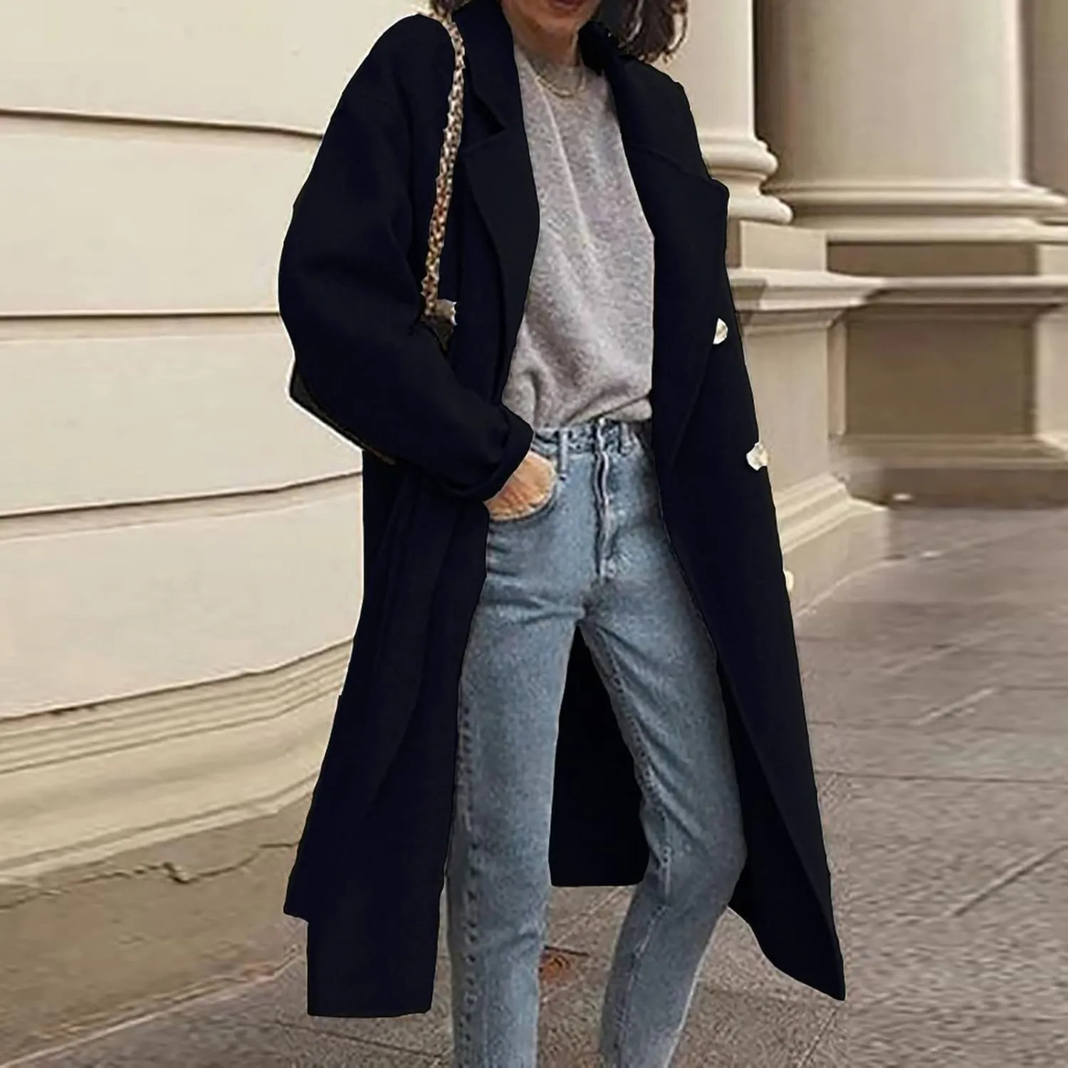 Womens Trench Coat Fall Winter Wool Coats Notch Lapel Double Breasted Oversized Midi Peacoat Trench Coats