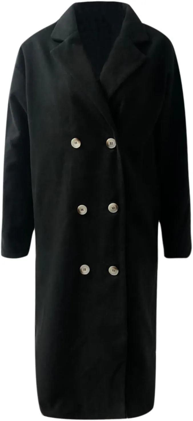 Womens Trench Coat Fall Winter Wool Coats Notch Lapel Double Breasted Oversized Midi Peacoat Trench Coats