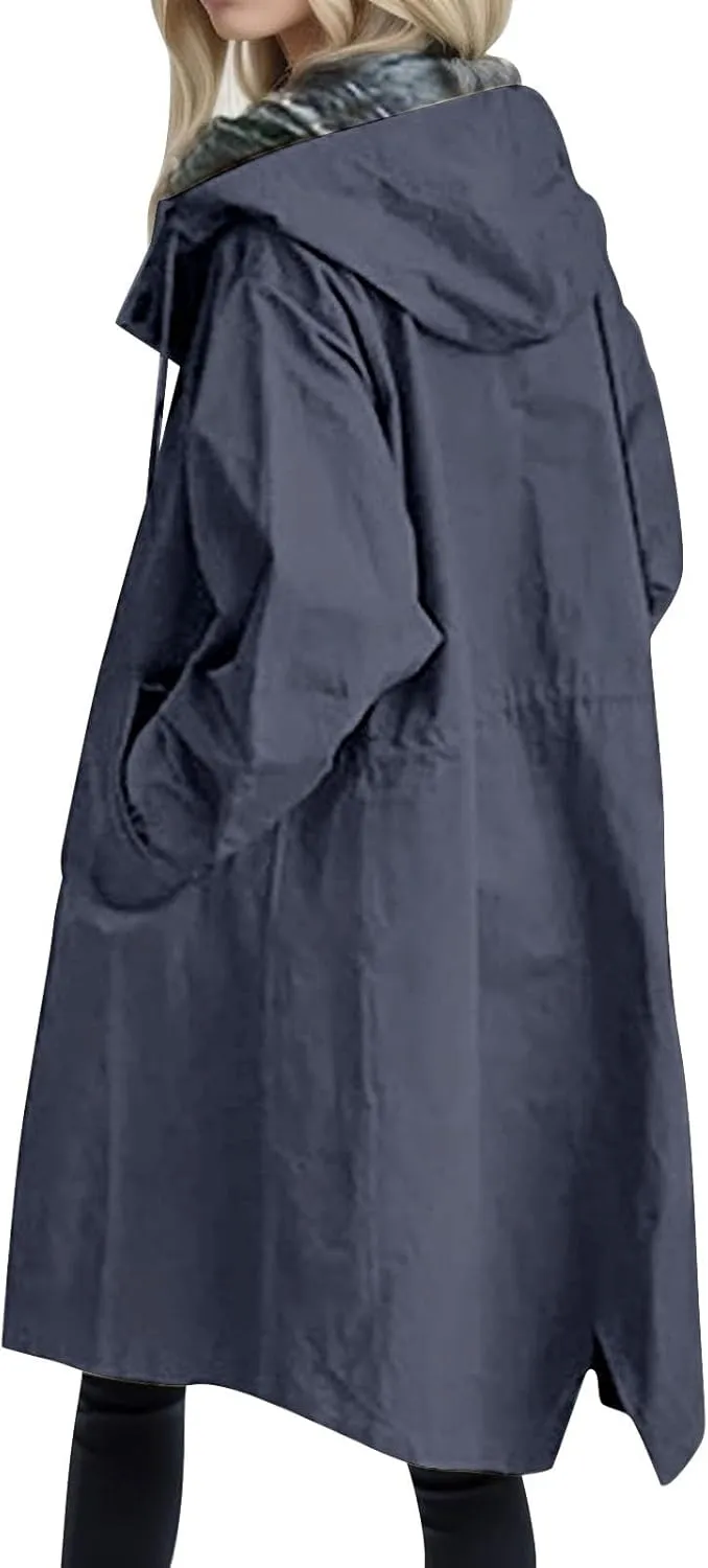 Womens Trench Coat Lightweight Raincoat Waterproof Long Hooded Trench Coat Lined Plus Size Windbreaker Elegant Jacket