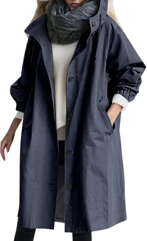 Womens Trench Coat Lightweight Raincoat Waterproof Long Hooded Trench Coat Lined Plus Size Windbreaker Elegant Jacket