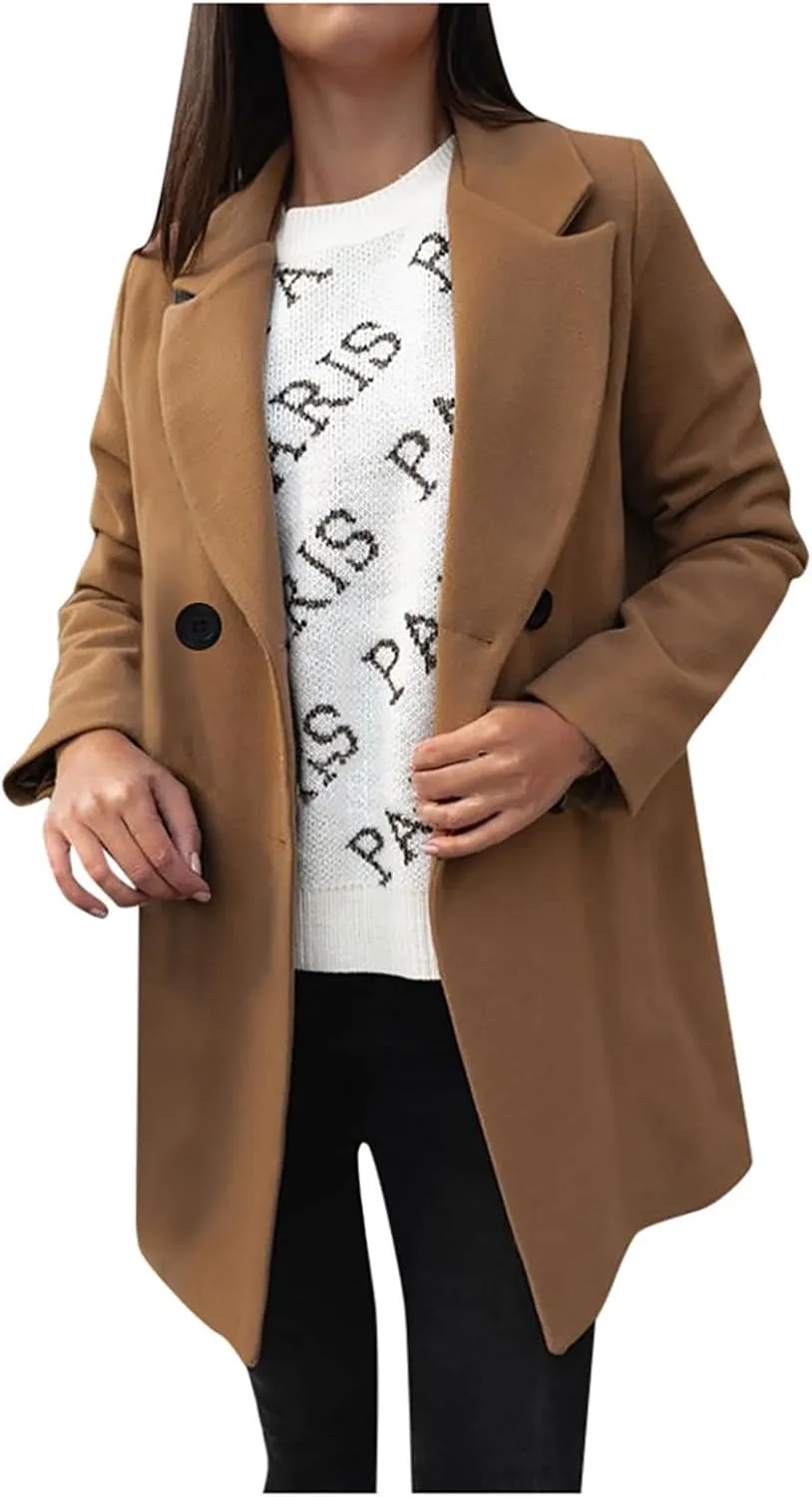 Womens Trench Coat Mid Length Notched Lapel Collar Double Breasted Pea Coat Wool Blend Winter Over Coats Jackets