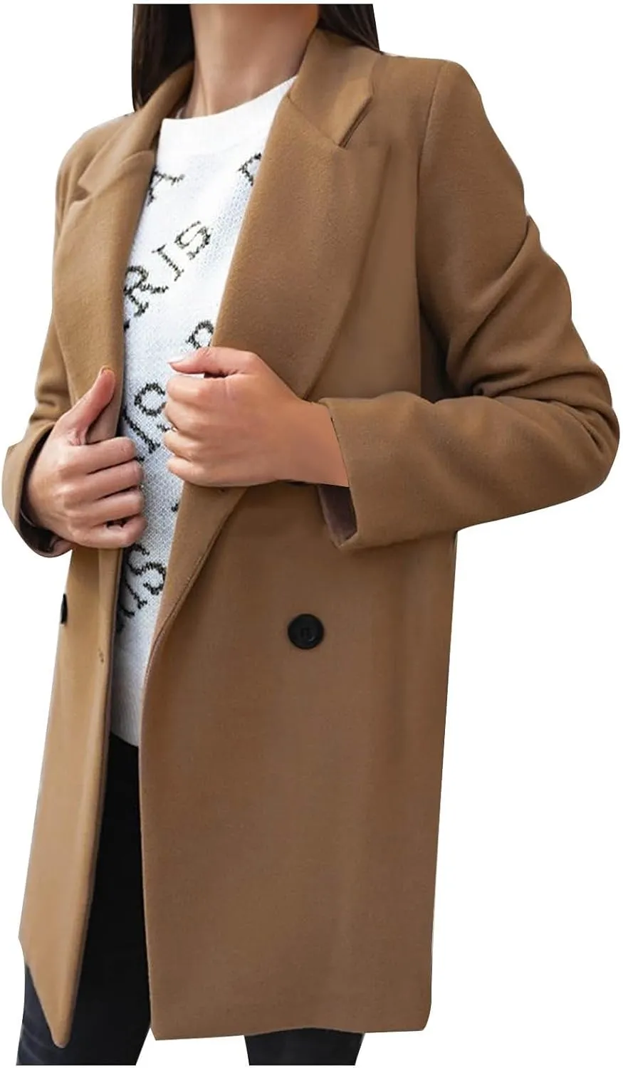 Womens Trench Coat Mid Length Notched Lapel Collar Double Breasted Pea Coat Wool Blend Winter Over Coats Jackets