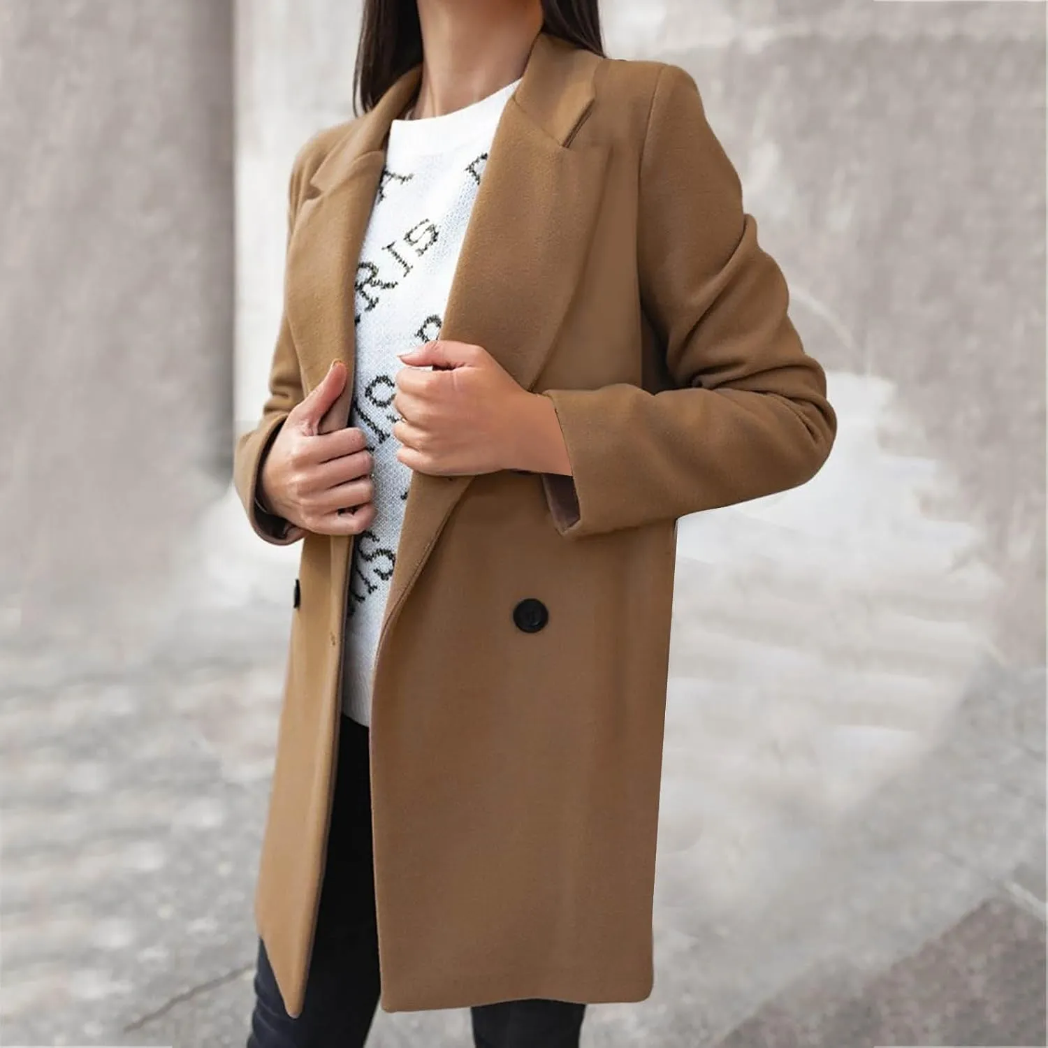Womens Trench Coat Mid Length Notched Lapel Collar Double Breasted Pea Coat Wool Blend Winter Over Coats Jackets