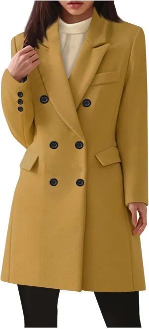 Womens Trench Coat Warm Double Breasted Wool Pea Coat Notched Lapel Long Sleeve Jacket Overcoat with Pockets