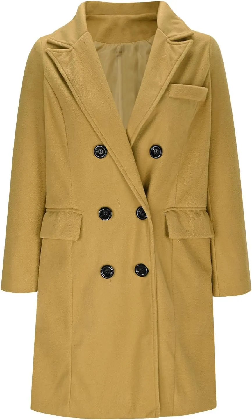 Womens Trench Coat Warm Double Breasted Wool Pea Coat Notched Lapel Long Sleeve Jacket Overcoat with Pockets