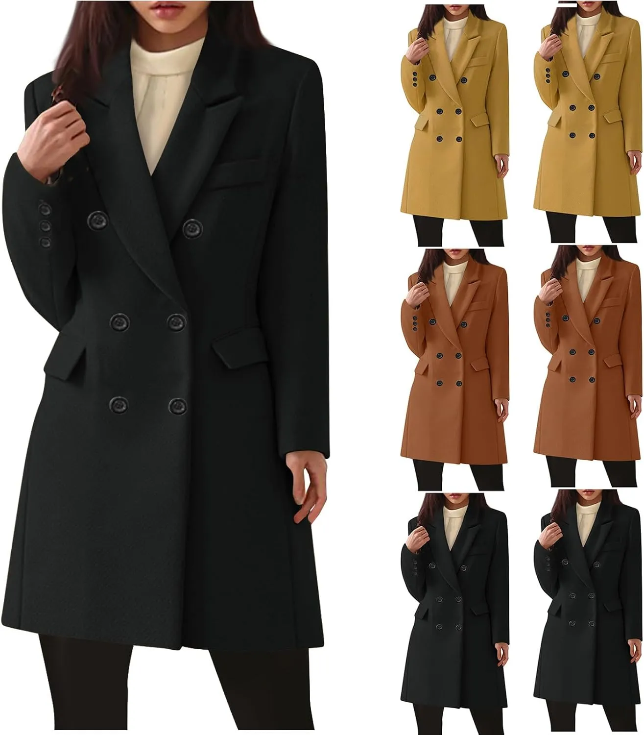 Womens Trench Coat Warm Double Breasted Wool Pea Coat Notched Lapel Long Sleeve Jacket Overcoat with Pockets