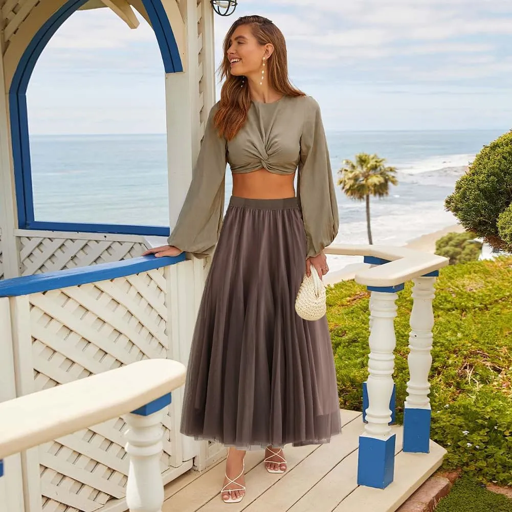 Womens Tulle Midi Long Skirts, Elastic High Waist Pleated Mesh Flowy A-Line Long Tutu Fairy Skirt