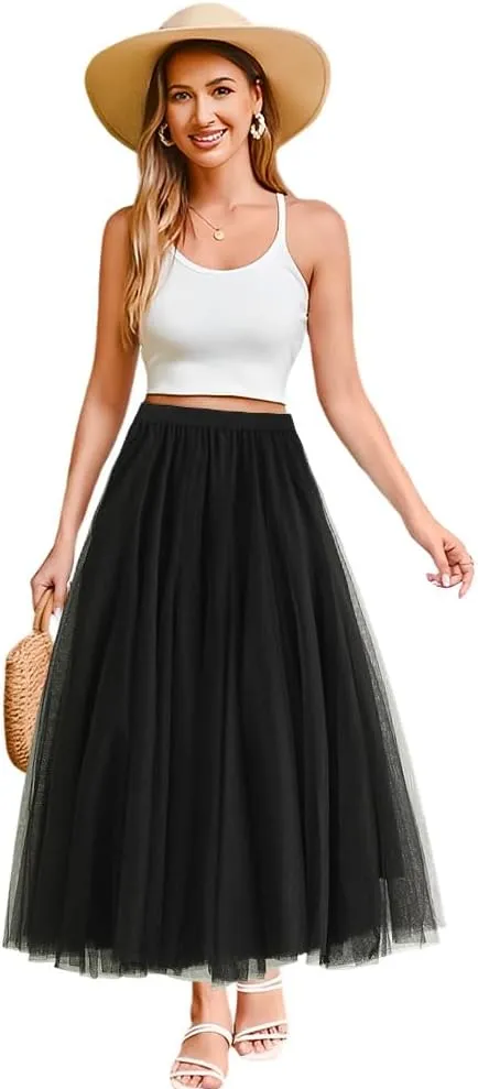 Womens Tulle Midi Long Skirts, Elastic High Waist Pleated Mesh Flowy A-Line Long Tutu Fairy Skirt