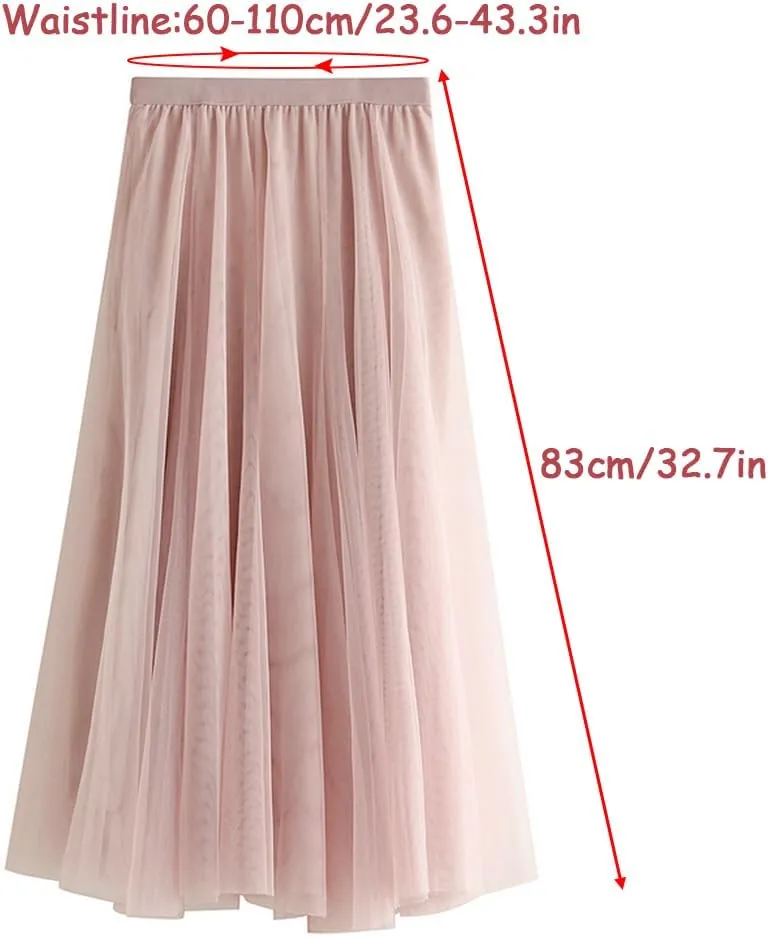 Womens Tulle Midi Long Skirts, Elastic High Waist Pleated Mesh Flowy A-Line Long Tutu Fairy Skirt