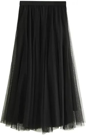 Womens Tulle Midi Long Skirts, Elastic High Waist Pleated Mesh Flowy A-Line Long Tutu Fairy Skirt