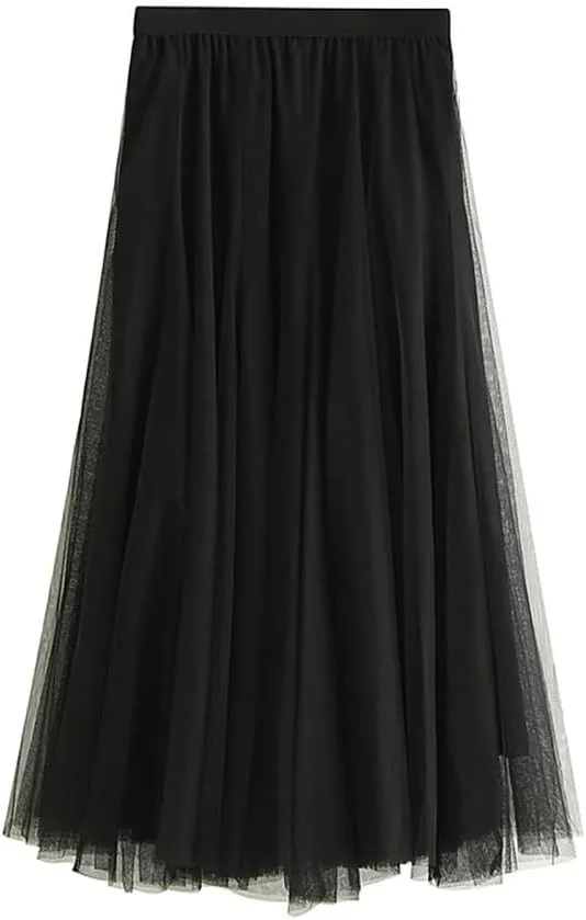 Womens Tulle Midi Long Skirts, Elastic High Waist Pleated Mesh Flowy A-Line Long Tutu Fairy Skirt