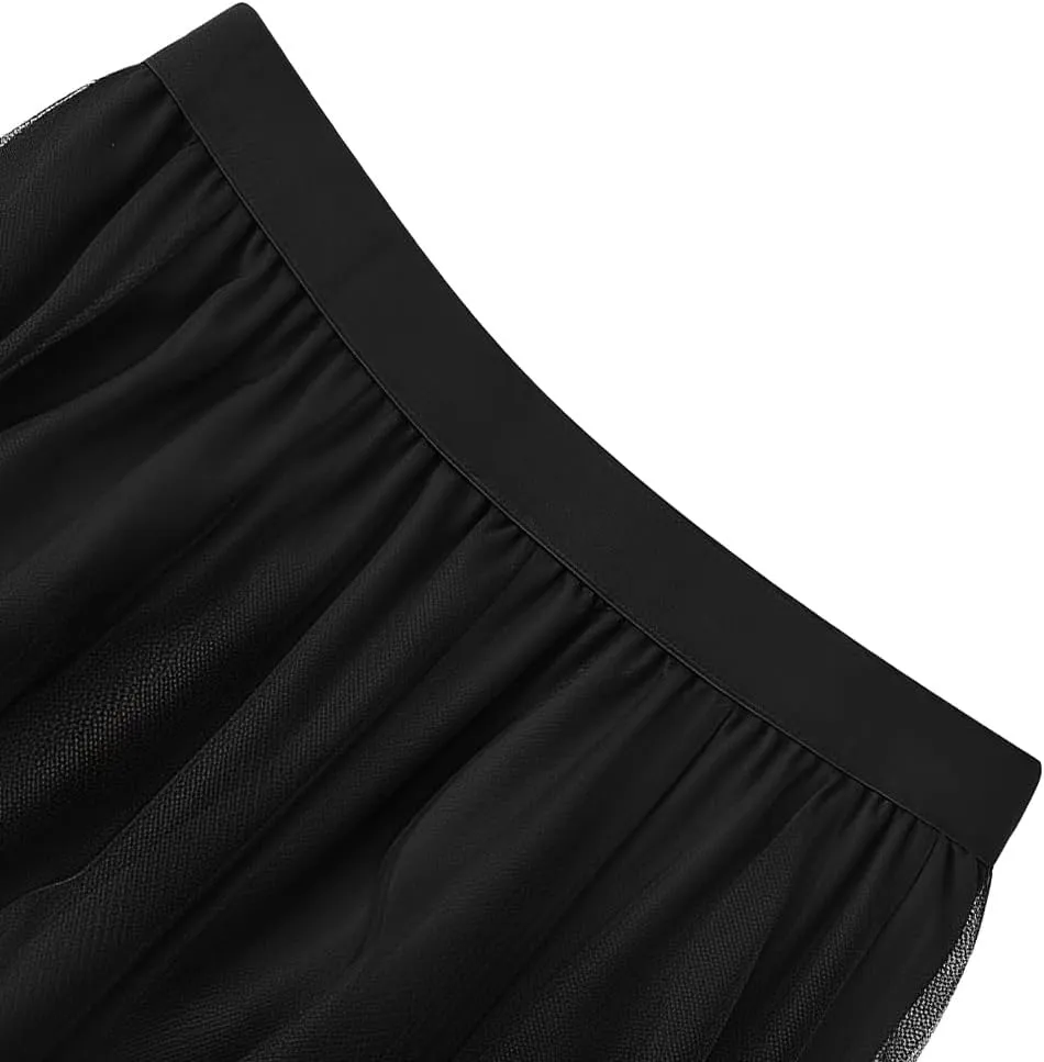 Womens Tulle Midi Long Skirts, Elastic High Waist Pleated Mesh Flowy A-Line Long Tutu Fairy Skirt