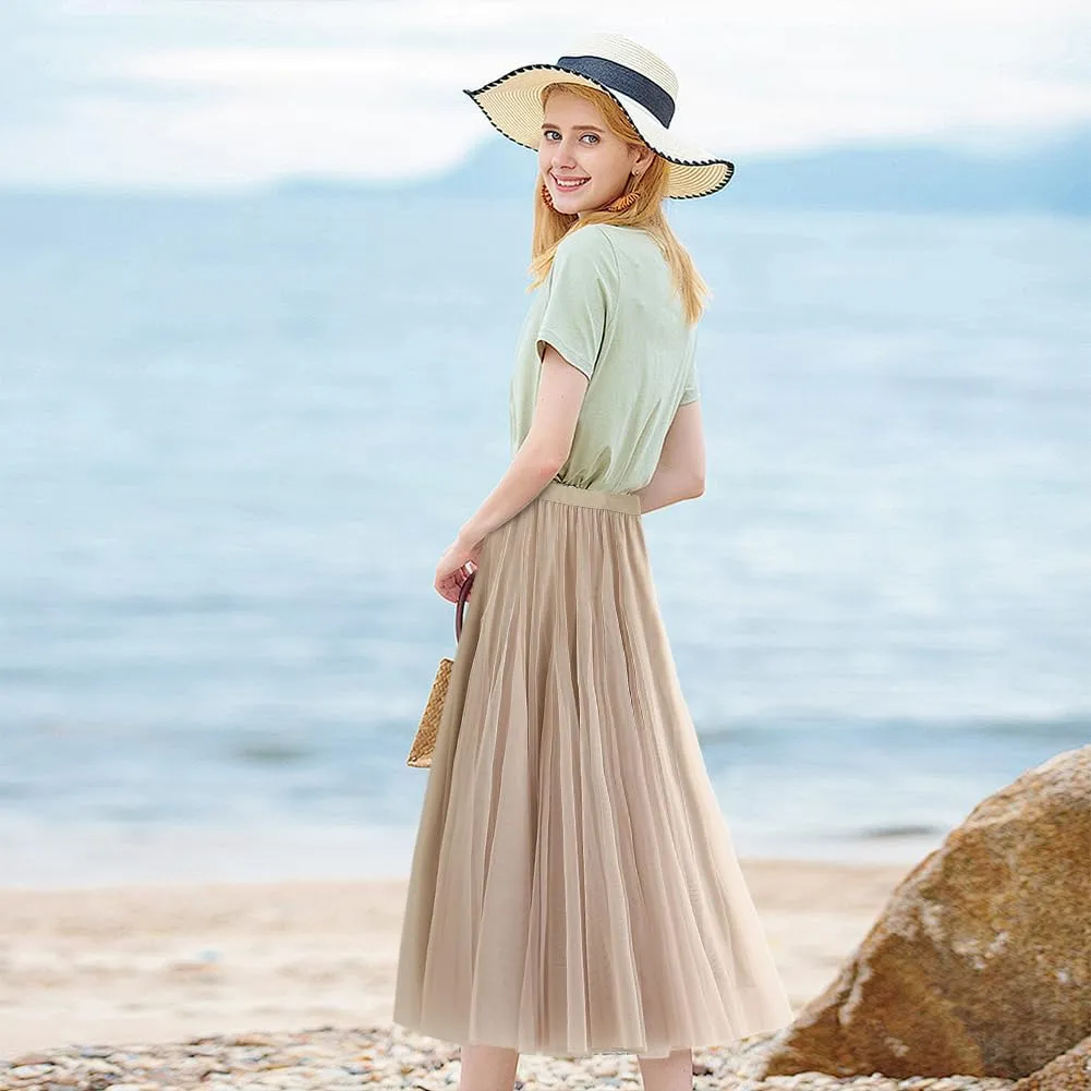 Womens Tulle Midi Long Skirts, Elastic High Waist Pleated Mesh Flowy A-Line Long Tutu Fairy Skirt